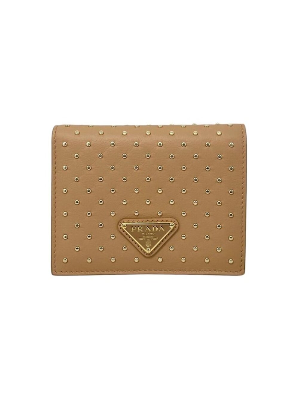 Prada Bifold Wallet Studded Leather Triangle Logo Natural Beige Gold